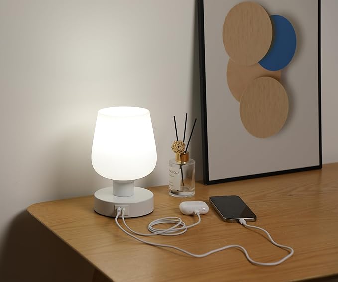Touch Bedside Table Lamp with USB A+C Ports, Dimmable Small Table Lamp for Bedroom with White Opal Glass Lamp Shade and LED Bulb, Modern Nightstand Lamps, Desk Lamp with Plug for Living Room