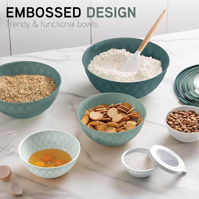 COOK WITH COLOR Mixing Bowls with Lids - 12 Piece Plastic Nesting Bowls Set includes 6 Prep Bowls and 6 Lids, Diamond Design - Microwave Safe (Mint)