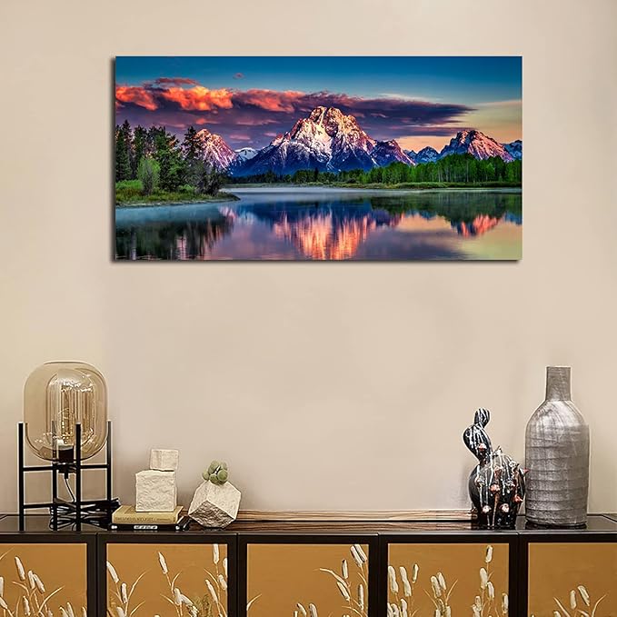 Sunset Landscape Canvas Wall Art for Living Room Grand Teton Wyoming National Park Picture Wall Decor Snake River Mountain Forest Nautre Prints Artwork Bedroom Bathroom Office Home Decor 24" X 48"