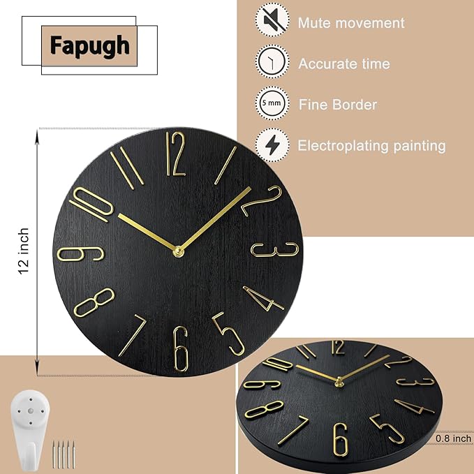 Faupugh 12 inch Wall Clock, Silent Wall Clock, Wall Clocks Battery Operated， Suitable for Home, Office, School, Kitchen, Bedroom, Living Room (Without Second Hand)