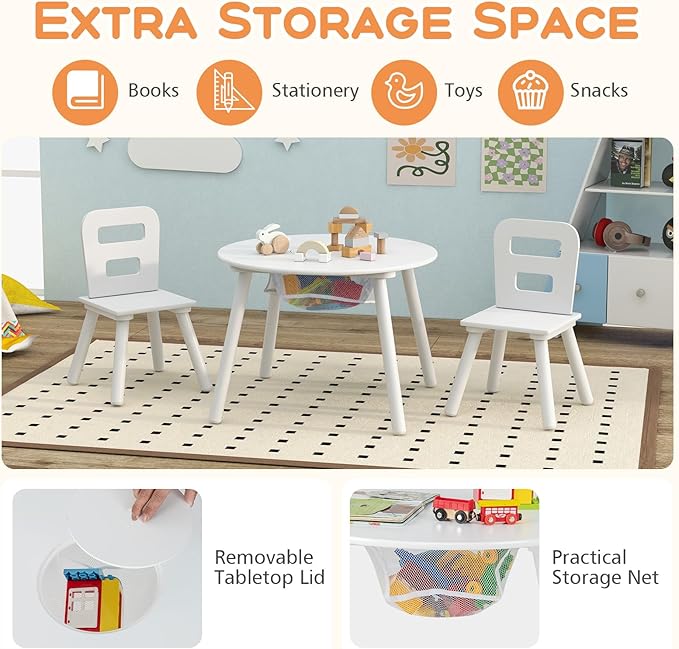 Costzon Kids Table and Chair Set, Wood Activity Table w/Center Mesh Storage, Children Furniture Gift for Boys & Girls, Ideal for Arts, Crafts, Snack Time, Homework, Toddler Table and Chairs, White