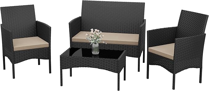 Kurapika Patio Furniture Set 4 Pieces Outdoor Wicker Rattan Chairs Conversation Sets w/Coffee Table, Rocking Bistro Set, for Deck,Patio,Backyard,Lawn (Sand)