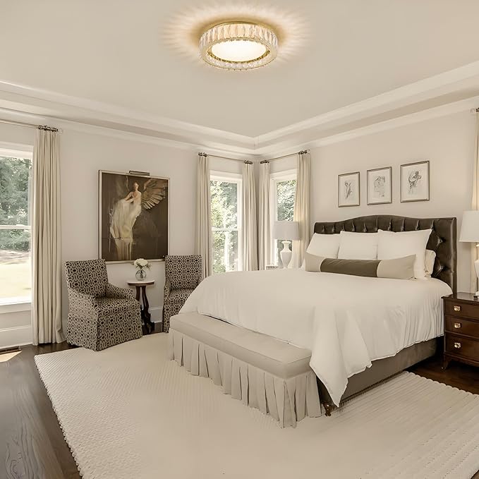 15 Inch Gold Modern Crystal Flush Mount Chandelier,Large Dimmable LED 5CCT 3000K-6000K 36W Round Close to Ceiling Lighting Fixtures for Dining Room,Kitchen,Living Room,Bedroom