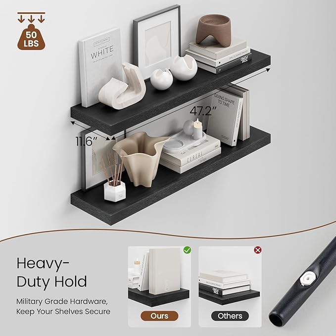 Heimlove 48W x 12D Long Floating Shelf, 12 Inch Deep Black Floating Shelves for Wall Set of 2, Wood Shelves for Bedroom Living Room Bathroom Kitchen Home Office, Wall Shelves with Heavy Duty Bracket