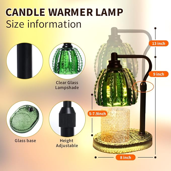 Candle Warmer Lamp with Timer: Adjustable Height and 4 Dimmer, Crystal Glass Base, Heater Wax Warmer for Jar Scented, Home Décor and Housewarming & Birthday Gift for Mom Woman, 2 Bulbs（Jade Green）