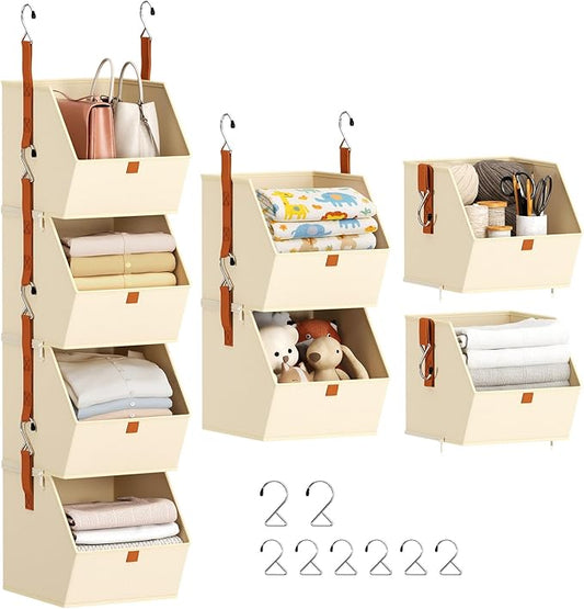 Hanging Closet Organizer 4 Tier - Clothes Hanging Shelves, Space-Saving Closet System, Fabric Storage Bins Bedroom Organization, Collapsible Baskets for Home, Dorm, Rv, Beige