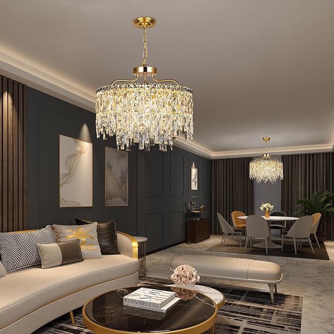 6 Light Gold Crystal Chandelier | Modern Crystal Chandeliers for Dining Room Light Fixture | Luxury Ceiling Pendant Lighting for Living Room | Bedroom | Entryway | Foyer | Staircase | Barthroom