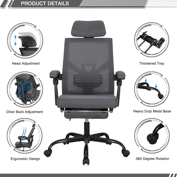 Qulomvs Mesh Ergonomic Office Chair with Footrest Home Office Desk Chair with Headrest and Backrest 90-135 Adjustable Computer Executive Desk Chair with Wheels 360 Swivel Task Chair