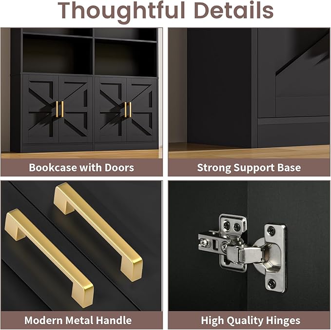 Black 6 Tier Bookshelf with Storage Set of 2, 71” Tall Farmhouse Bookcase with 8 Doors and Adjustable Shelves, Wooden Floor Standing Display Book Shelf Organizer for Home Office