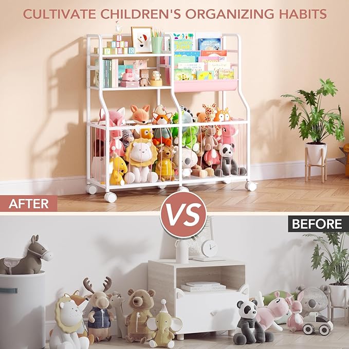 BBLIKE Stuffed Animal Storage Organizer - Rolling Kids Bookshelf and Toy Storage with 3 Tiered Book Display and Toy Chest - Rolling Furniture for Kids Room, Playroom, Bedroom, Nursery, Pink