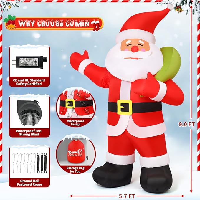 COMIN 9 FT Animated Christmas Decorations Santa Inflatables, Outdoor Christmas Santa Claus Carry Gift Bag&Shaking Hand Blow Up Yard Built-in LEDs for Indoor Xmas Party Garden Lawn Decor