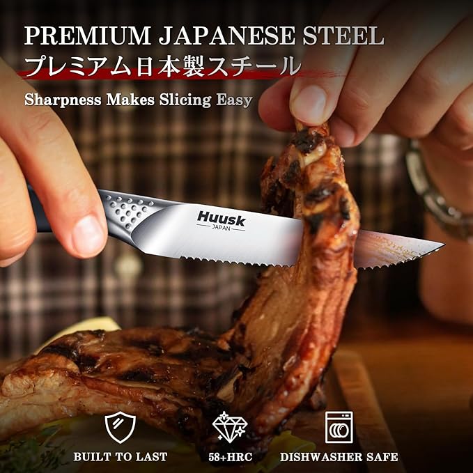 Huusk Serrated Steak Knives Set - 4.5" Japanese Stainless Steel Steak Knives Set of 6, Sharp Dishwasher Safe Dinner Knife for Kitchen Table with Gift Box