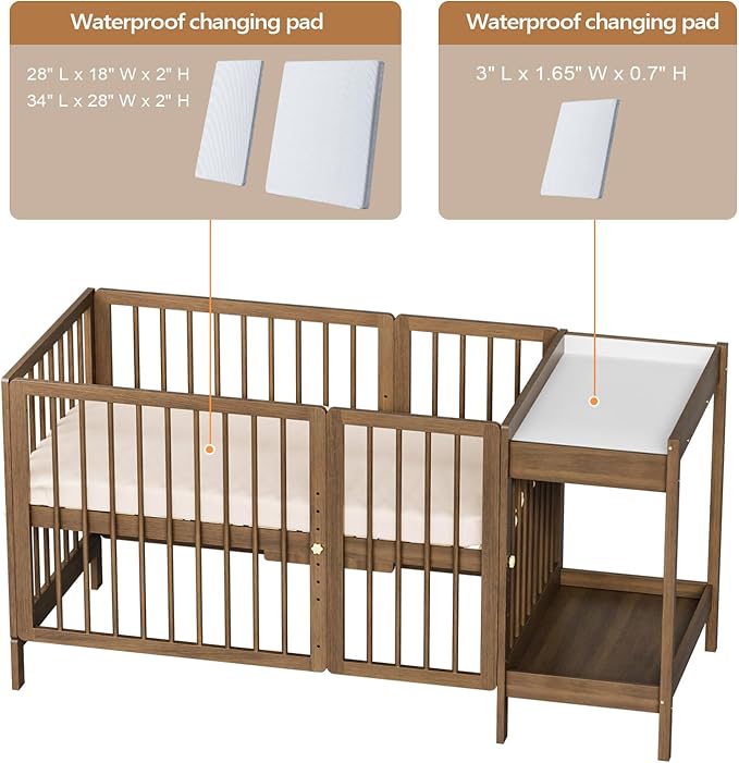 JOYMOR 8 in 1 Convertible Crib with Changer, Include 2” Mattress, Converts to Bassinet, Mid Crib, Full Size Crib, Daybed,Toddler Bed and Playard (Crib with Changer, Honey Wood)