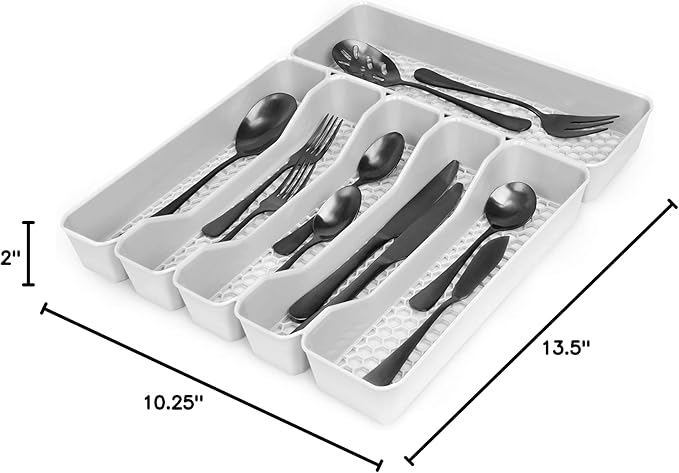 Spectrum HEXA 5-Divider Expandable Silverware Tray (Stone Gray) - In-Drawer Organizer for Kitchen Accessories, Cutlery, Knives, & More/Easy-to-Clean Home & Apartment Essential (Pack of 2)