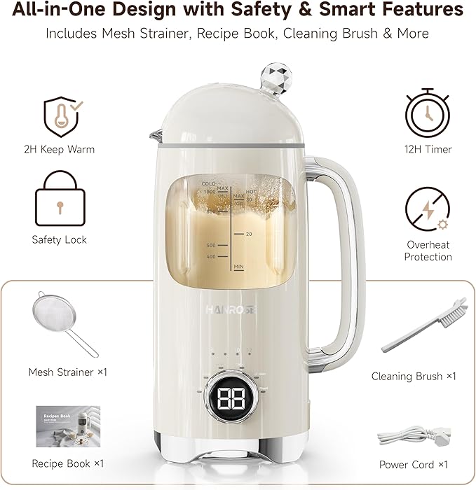 6-in-1 Upgraded 34oz Nut Milk Maker Machine with 8 Stainless Steel Blades, Automatic Plant-Based Milk Maker for Homemade Soy, Almond, Oat, Shakes & More, Keep Warm, Delay Start & Self-Cleaning