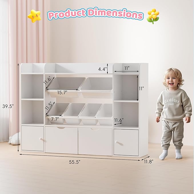 Xilingol Kids Toy Storage Organizer W/6 Removable Toy Bins, 4-Tier Toy Organizers W/6 Storage Cubbies and 2 Movable Drawers, Kid Bookshelf and Toy Storage for Playroom, Bedroom, Kids Room (White)