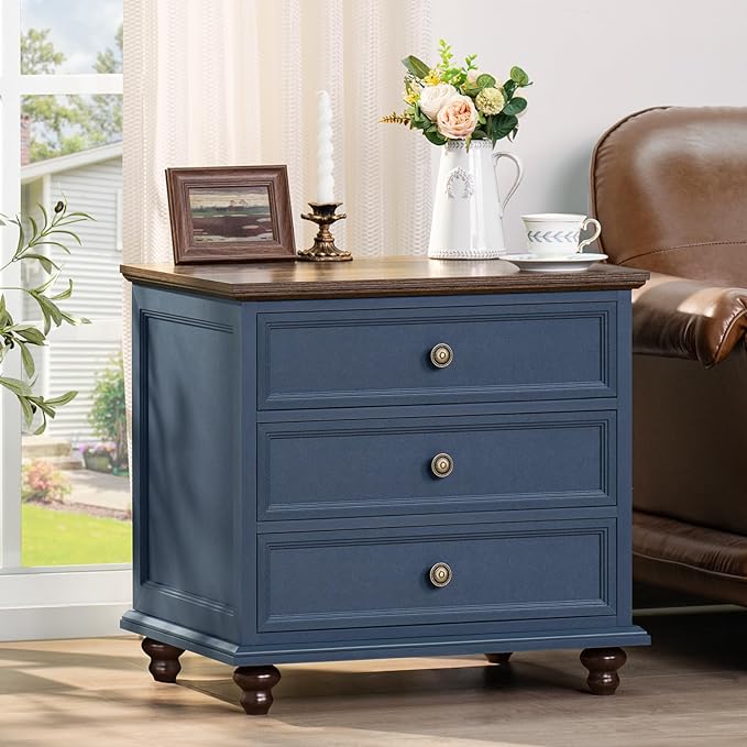 24" Wide Farmhouse Night Stand,Large End Table with 3 Drawers & Metal Handle,Navy Blue Dresser for Bedroom, Wood Bed Side Table Chest of Drawers, Nightstand Cabinet for Living Room,Closet