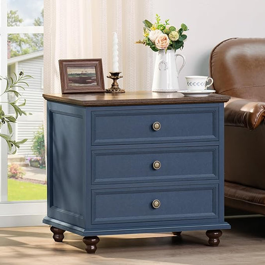 24" Wide Farmhouse Night Stand,Large End Table with 3 Drawers & Metal Handle,Navy Blue Dresser for Bedroom, Wood Bed Side Table Chest of Drawers, Nightstand Cabinet for Living Room,Closet