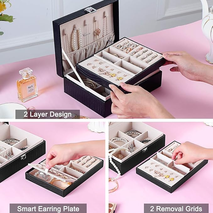 Voova Jewelry Box Organizer for Women Girls, 2 Layer Large Men Jewelry Storage Case, PU Leather Display Jewellery Holder with Removable Tray for Necklace Earrings Rings Bracelets, Vintage Gift, Black