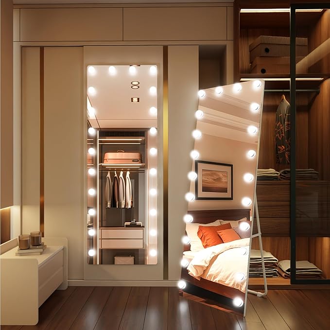 66x22 Hollywood Full Length Mirror with Light, 22 Dimmable Bulbs & 3 Color Smart Touch Control, Distortion Free, Tempered Glass & Shatter Proof Film, Safe Full Body Mirrors with Stand