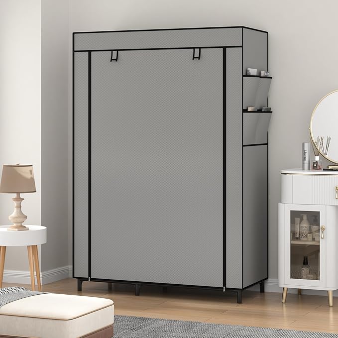 Calmootey Portable Closet Organizers, Clothing Storage, Wardrobe with 6 Shelves and Hanging Rod, Non-Woven Fabric Cover with 4 Side Pockets, Grey