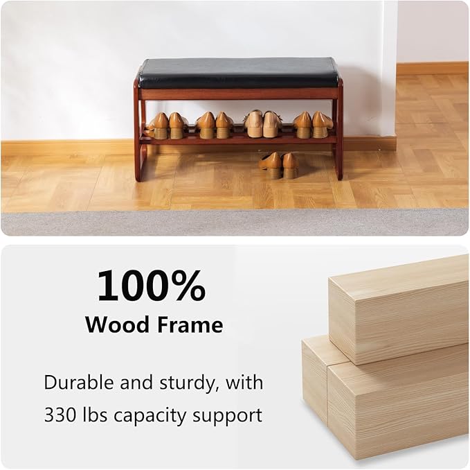 Solid Wood Shoe Bench, 2-Tier Wooden Entryway Bench, Modern Shoe Rack with Faux Leather Cushion for Hallway, Living Room (Black, 31.5'')