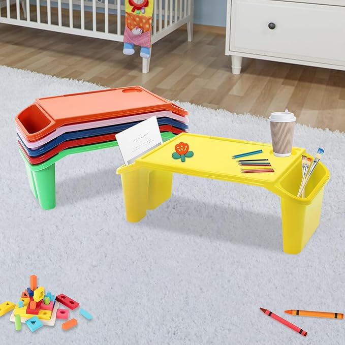 6 Pcs Kids Lap Desk Tray, Plastic Breakfast Lap Desk Trays with Side Pockets and Slot, Portable Lap Table Snack Tray for Eating, Writing, Drawing, Game, 19.69" L x 9.84" W x 7.1" H (6 Colors)