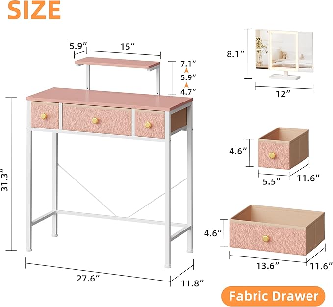 Small Makeup Vanity Desk 27.5''W with Mirror and Lights, Vanity Desk with 3 Fabric Drawers and Height-Adjustable Stand, Vanity Table for Girls Gifts, Bedroom and Small Spaces, Pink