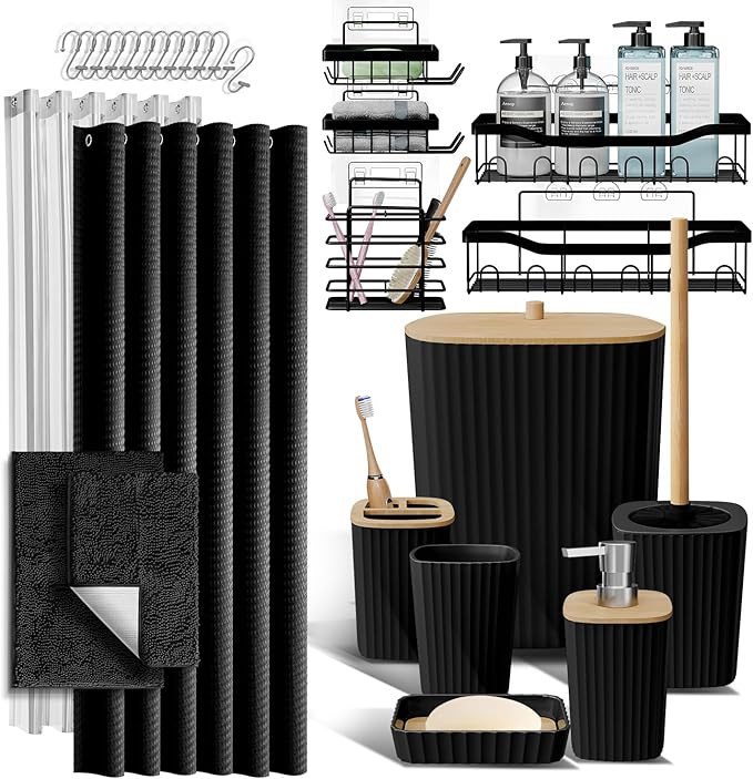 Bathroom Accessories Set with Shower Caddy and Bath Rugs 27PC Bathroom Accessory Set with Shower Caddies Black Bath Rugs, Shower Curtain Set, Toilet Brush, Trash Can, Soap Dispenser, Toothbrush holder