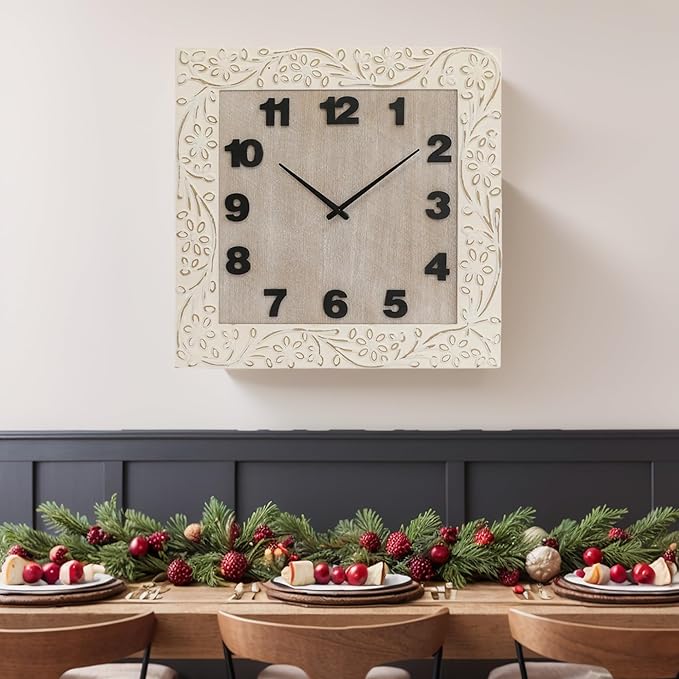 Large Wall Clock Square Living Room Decor Clocks, Numeral Wall Clocks with Battery Operated, Quartz Analog Movement Decorative Wall Clock for Office, Home, Kitchen, 24 Inch White