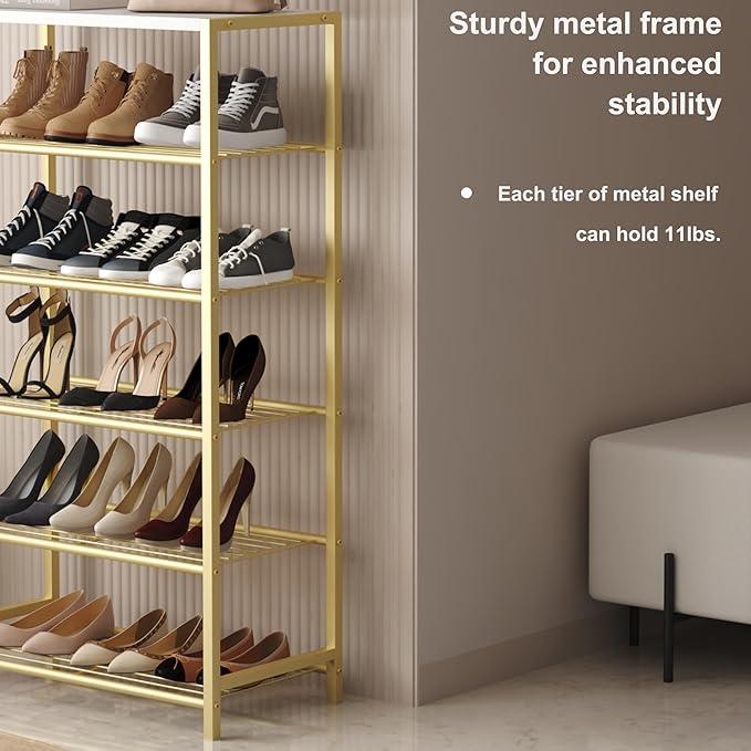 HOMEFORT Shoe Rack 6-Tier, Shoe Storage Shelf, Industrial Shoe Tower, Narrow Shoe Organizer for Closet Entryway, Small Shoe Rack Table with Durable Metal Shelves,Gold
