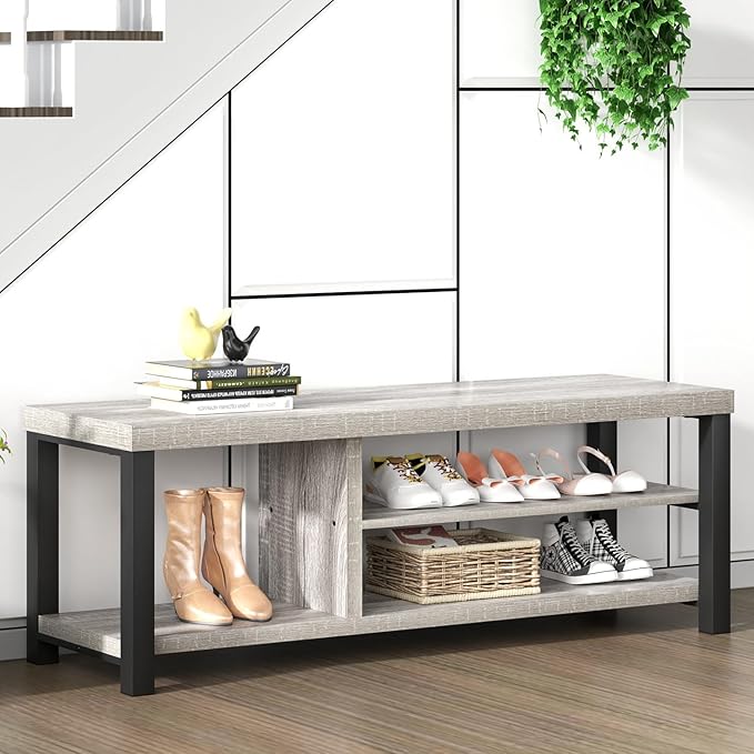FOLUBAN Shoe Storage Bench, Rustic Wood Entryway Bench for Hallway Entrance, Vintage Indoor Bench with Shoe Storage and Seating for Bedroom Living Room, Light Grey, 47 Inch