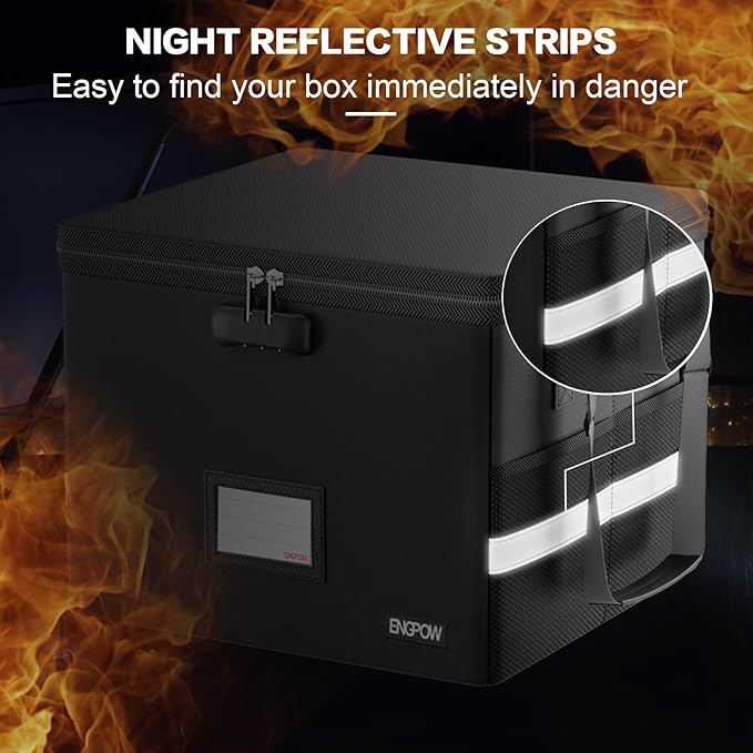 ENGPOW 5200°F Fireproof Document Box with Lock, Heat Insulated Collapsible File Storage Organizer with Handle, Portable Home Office File Cabinet for Hanging Letter/Legal Size Folder, Black