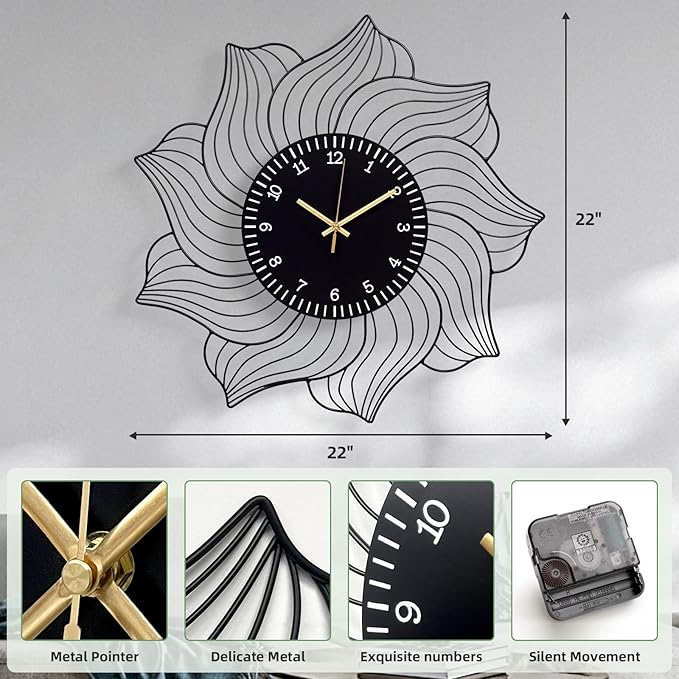 22 Inch Flower Wall Clock, Silent Non-Ticking Battery Operated Modern Decorative Metal Wall Clocks for Living Room, Bedroom, Kitchen, Office