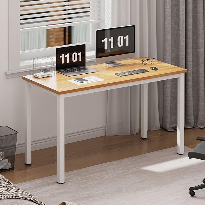Need Computer Desk, 47 inch Home Office Desk, Modern Simple Style Home Office Gaming Desk, Basic Writing Table for Study Student, White Metal Frame, Teak