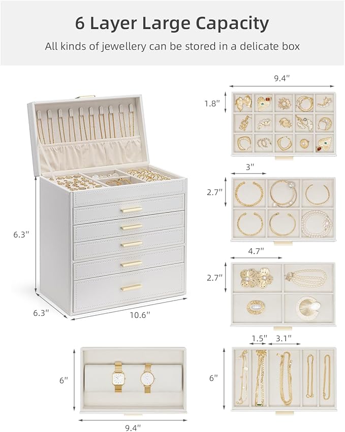 Vlando 6 Layer Large Jewelry Box - Jewelry Holder Organizer, Jewelry Box Organizer for Drawer Necklace Ring Bracelet and Watch, Birthday Gift for Loved Ones - White