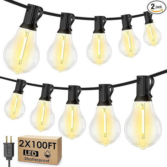 200FT(2x100FT) Outdoor String Lights, LED Patio Lights with 83 Waterproof Shatterproof A39 Dimmable Bulbs(3 Spare) for Balcony-2 Pack Black