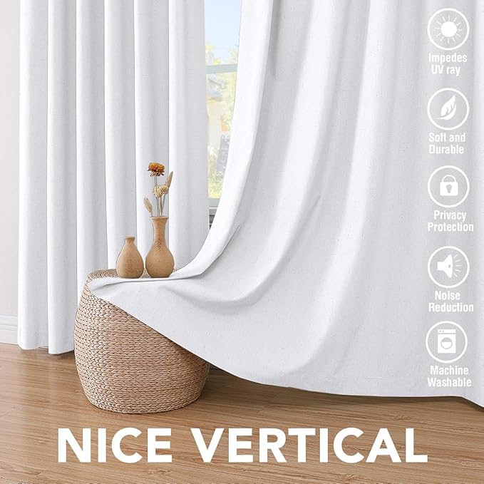 H.VERSAILTEX 100% Blackout Curtains for Bedroom Thermal Insulated Linen Textured Curtains Heat and Full Light Blocking Drapes Living Room Curtains 2 Panel Sets, 52x45 - Inch, Pure White