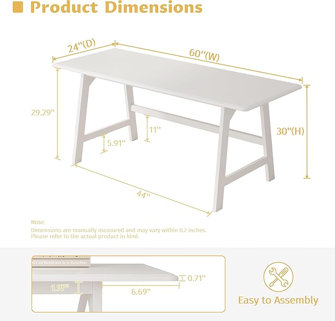 IOTXY Solid Wood Writing Table - 60" W x 24" D Minimalist Computer Desk for Home Office, Work, Study, Creativity, and PC Workstation, White
