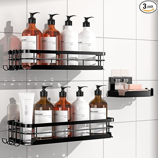 Large Capacity Shower Caddy, Heavy-Duty Adhesive Shower Organizers with Custom Aesthetic Design Soap, No Drilling Corner Shower Shelves, 5 Hooks for Bathroom Accessories, 3 Pack