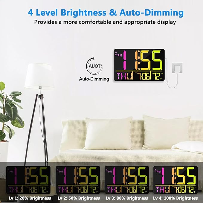 13" Bluetooth Auto Sync Wall Clock- Large Digital Alarm Clock with Remote, RGB Color Changing, 25 Ringtones, Adjustable Brightness, Auto DST, for Living Room, Kitchen, Office, Elderly