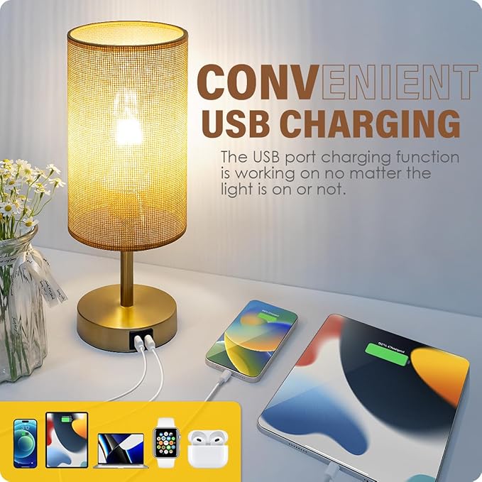 Yarra-Decor Bedside Lamp with USB Port - Touch Control Table Lamp for Bedroom Wood 3 Way Dimmable Nightstand Lamp with Round Flaxen Fabric Shade for Home Office (LED Bulb Included) (Y - NET)