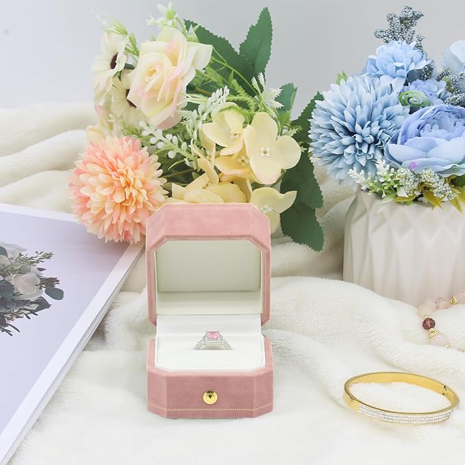 Jewelry Ring Box Small Travel Jewelry Box, Velvet Wedding Ring Box for Business, Engagement, Wedding, Bridesmaid and Holiday Events - Pink