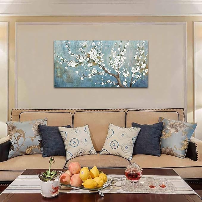 Elegant Flowers Canvas Wall Art - Plum Blossom Pictures for Wall Decor Rustic Turquoise Canvas Painting Nature Printing Artwork for Living Room Bedroom Home Office Wall Decoration 24" x 48"