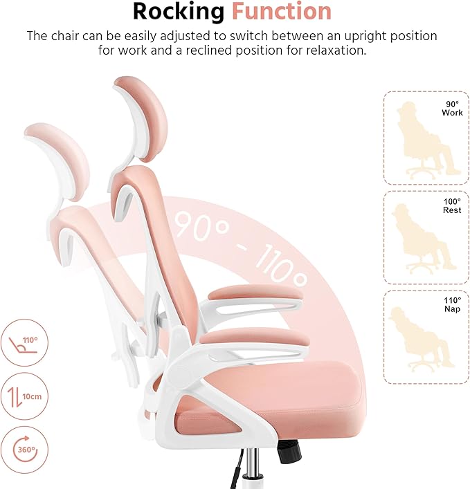 Yaheetech Ergonomic Office Chair, High Back Mesh Desk Chair with flip-up Armrests, Adjustable Headrest Computer Chair with Lumbar Support for Home Oiffce Gaming Room, White/Pink