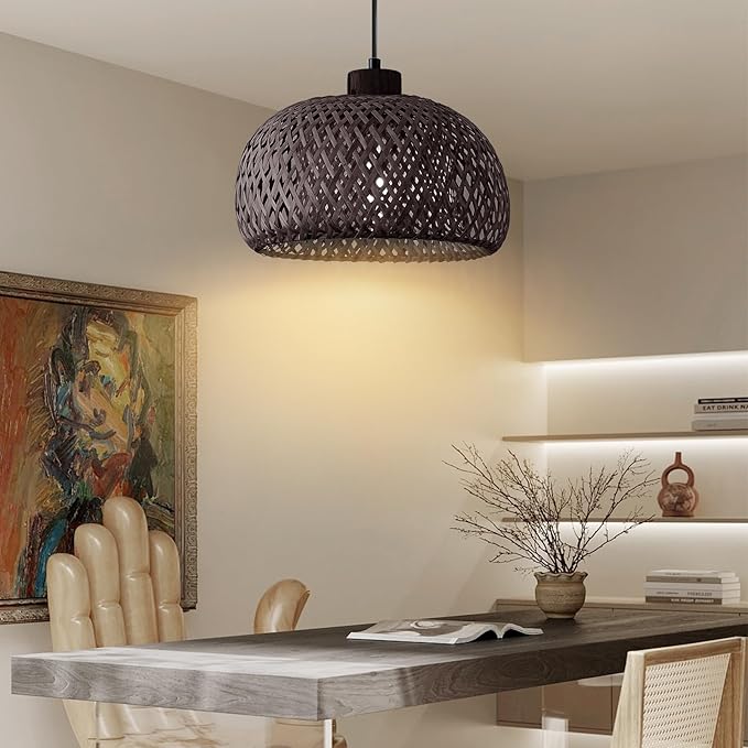 Black Bamboo Pendant Light, 11.8inch Hand-Woven Natural Wicker Rattan Farmhouse Lamp, Boho Hanging Chandelier, Rustic Kitchen Island Ceiling Pendant Light for Living Room, Dining, Foyer