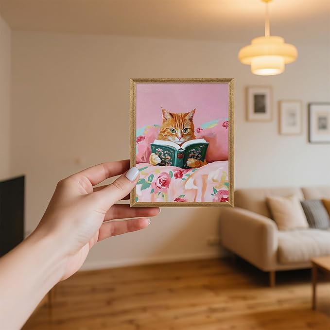 Framed Vintage Cat Canvas Wall Art, Funny Pink Animal Reading Books Painting Picture Print, Cute Kitten Lovers Aesthetic Wall Decor for Nursery Girls Room Bedroom Kids Room 10''L x 8''W
