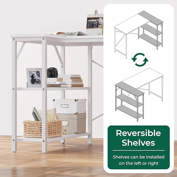 Huuger L-Shaped Desk - 47" Reversible Storage Corner Gaming Desk, Metal Frame, White