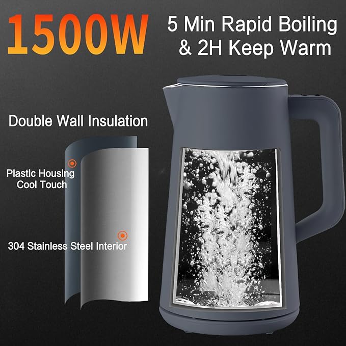 1.5L Electric Kettle Stainless Steel, Double Wall Cool Touch Teapot, Fast Boil,5 Temperature Control, LED Display, Auto Shut-Off, BPA-Free,Keep Warm Function, Ideal for Tea & Coffee,Gray