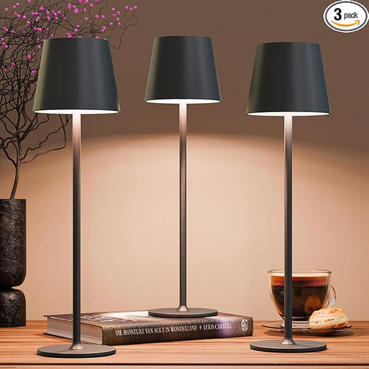 uuffoo 3 Pack Rechargeable Table Lamp Battery Operated Cordless Table Lamps with 3 Colors Stepless Dimming, Desk Night Light for Restaurant, Patio, Bedroom, Bar (Black)